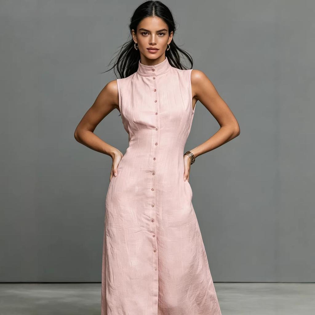 Damen ärmelloses Maxikleid mit hohem Kragen und Knöpfen, einfarbig, lässig, locker sitzend, Sommerkleid