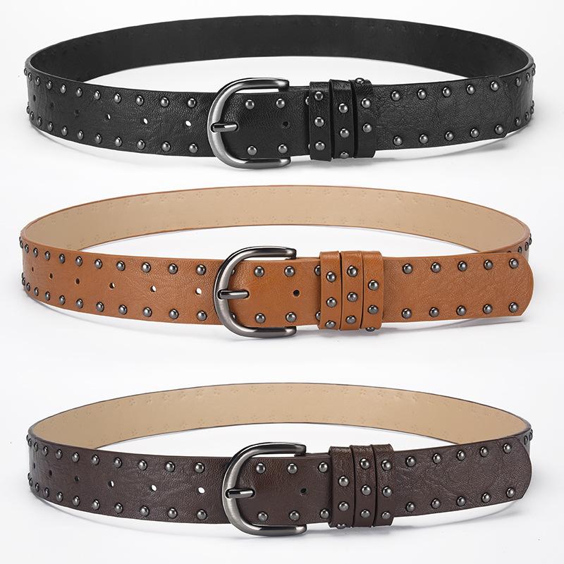 White PU Leather Punk Women's Belt Gothic Retro Hip Hop y2k Girls' Girdle Simple Design Rivet Needle Buckle Black Waistband