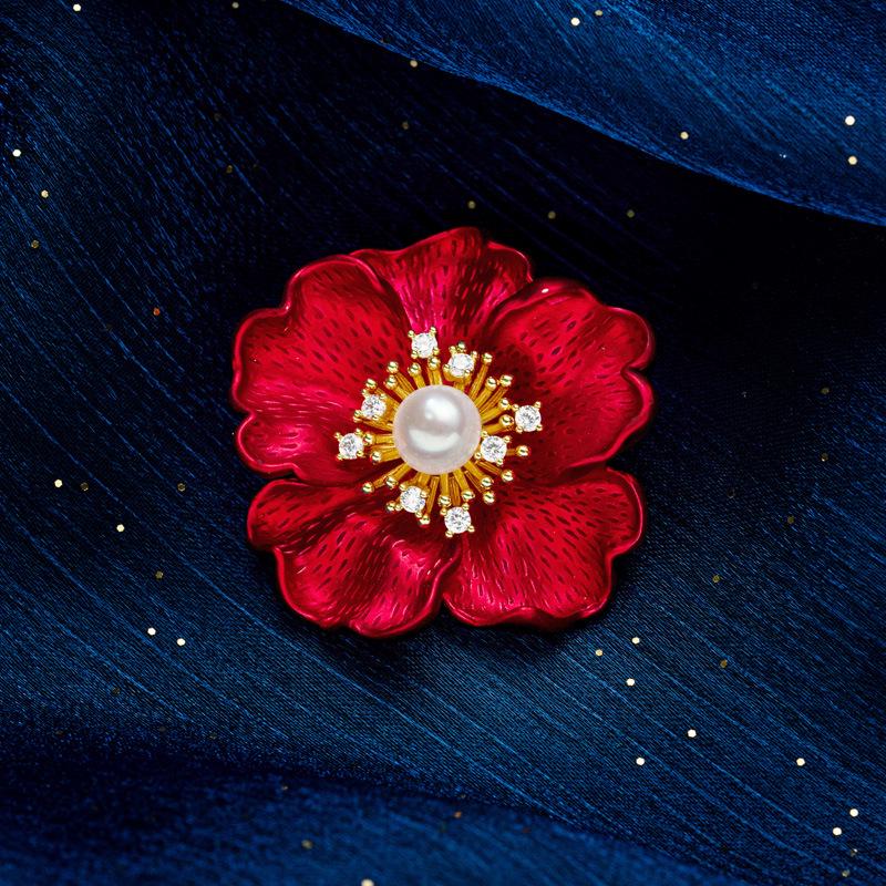 Bo Xin Yun Luxury Pearl Red Flower Brooch – High-End Fashion Corsage Pin