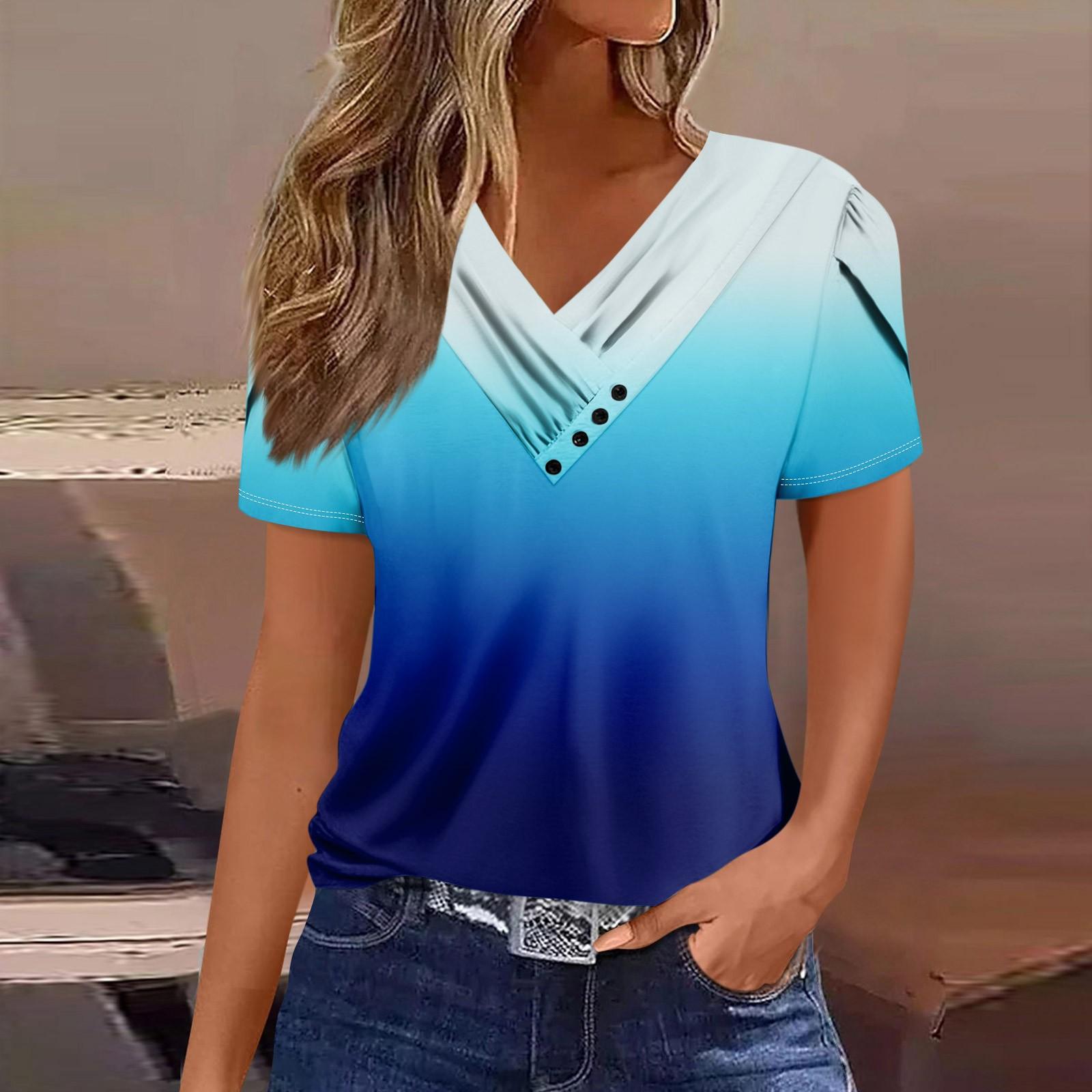 

Женская футболка, повседневная футболка с v-образным вырезом и короткими рукавами, топ на пуговицах с принтом XXL синий