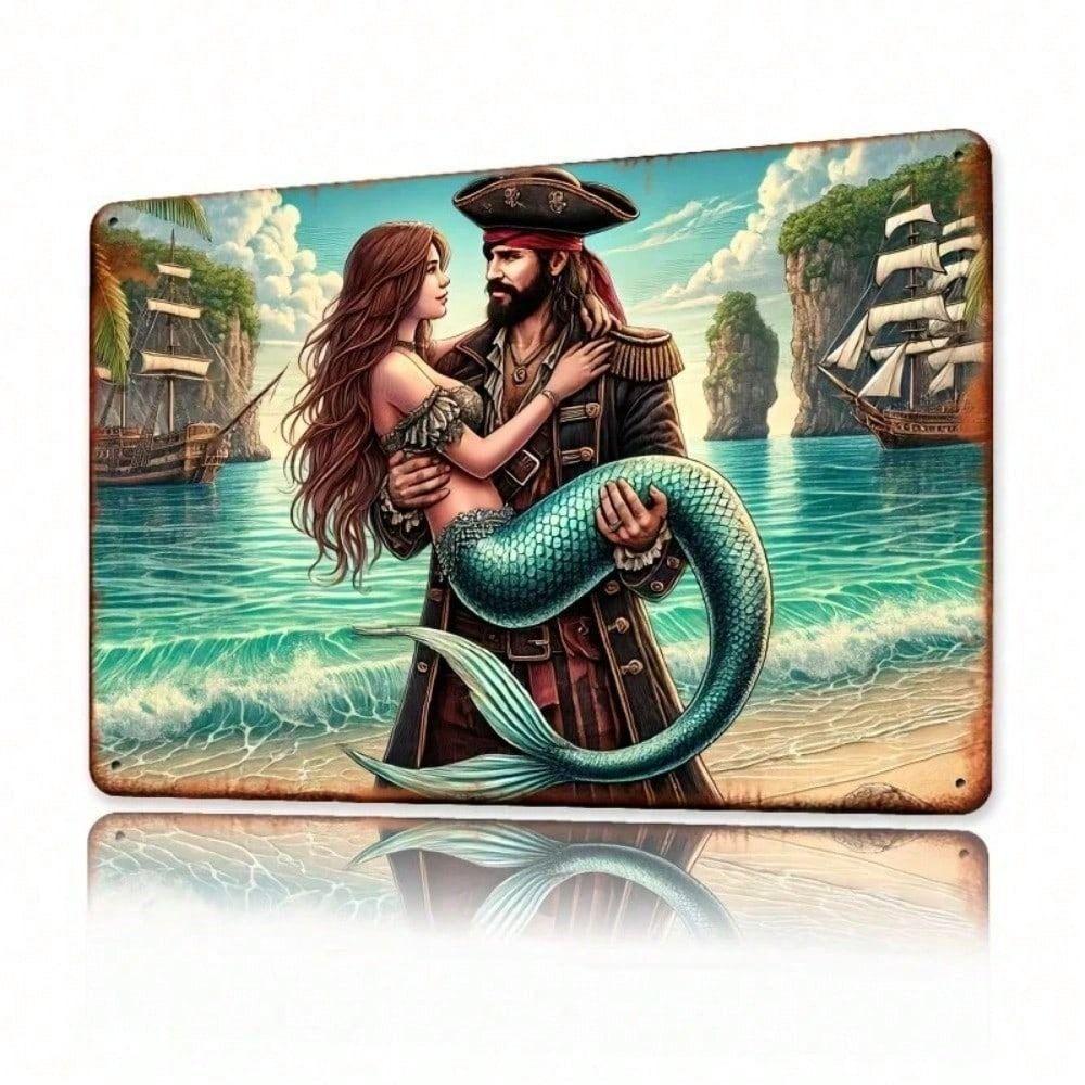 Vintage Metal Poster Mermaid Pirate, Retro Nautical Wall Art for Bar