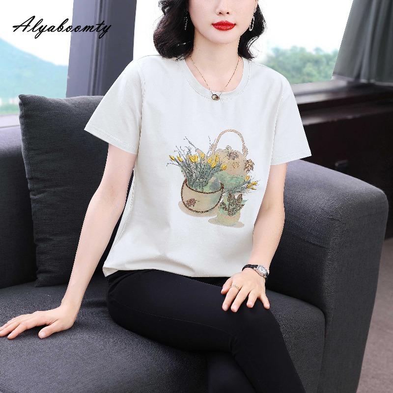 Plus Size Summer Women Basic Cotton Top O Neck Pink White Blue Embroidery Ladies' T-Shirt Short Sleeve Casual Loose Tee