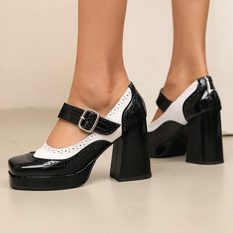Square head thick-soled thick-heeled super-high-heeled women's single shoes patent leather Brock burning flowers spell spring and autumn Lolita