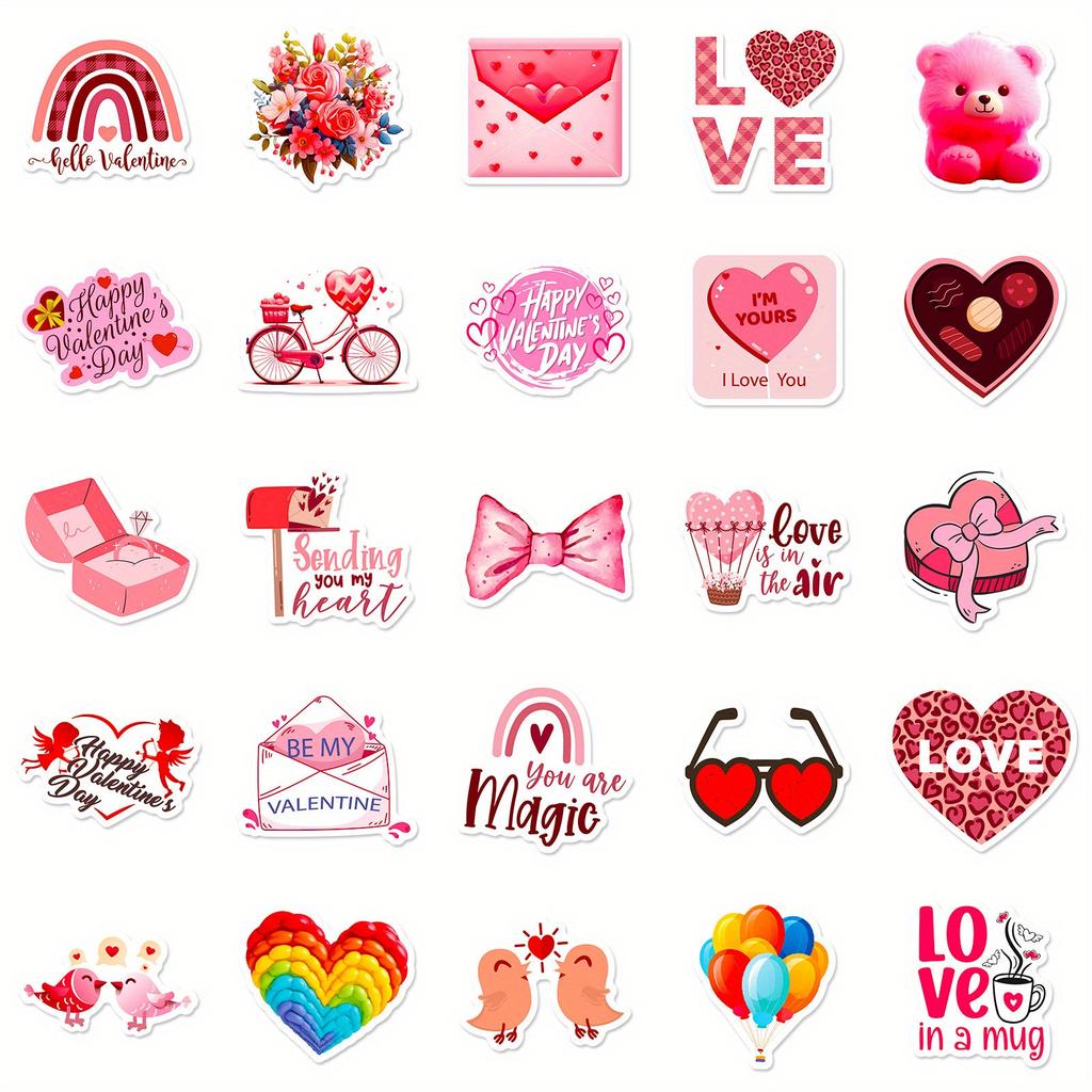 50pcs Vinyl Cartoon Love Decals, Reusable, Self-Adhesive, Romantic Valentine'S Day Themed, for Stationery, Laptops,Water Bottles
