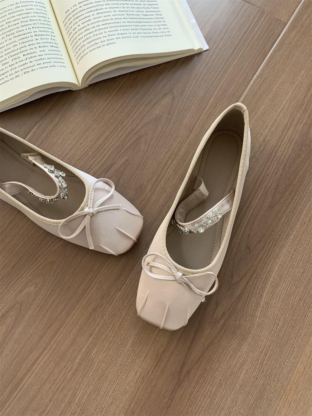 

Балетки с бантом, весенние новые туфли Мэри Джейн на плоской подошве со стразами в один ряд, женская обувь 40 абрикосовый