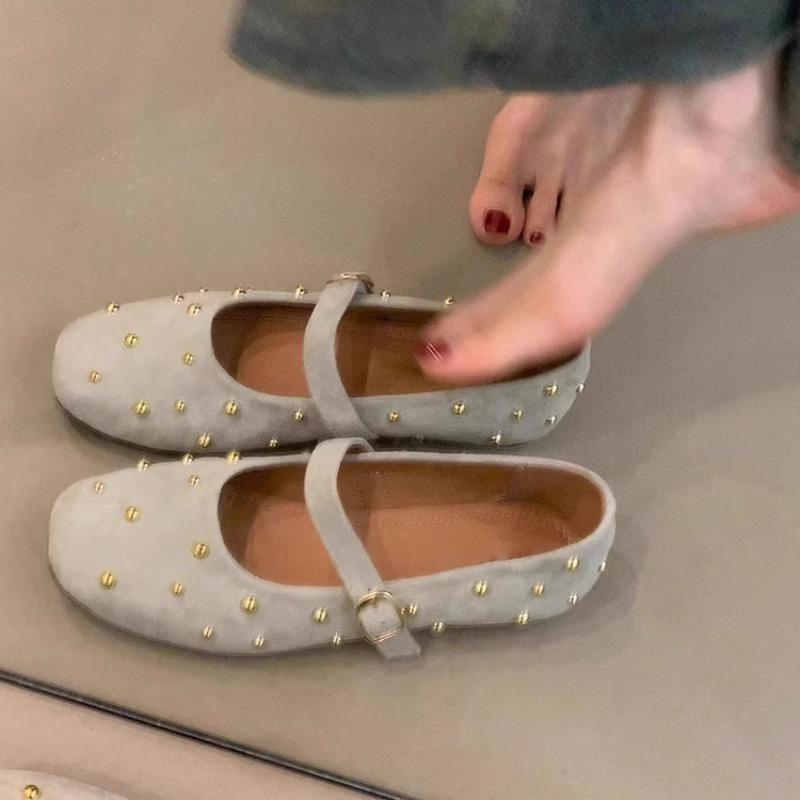 Fashion Flat Versatile Breathable Single Shoes Women's New Square Toe Shallow Rivet One Strap Athleisure Mary Jane Shoes