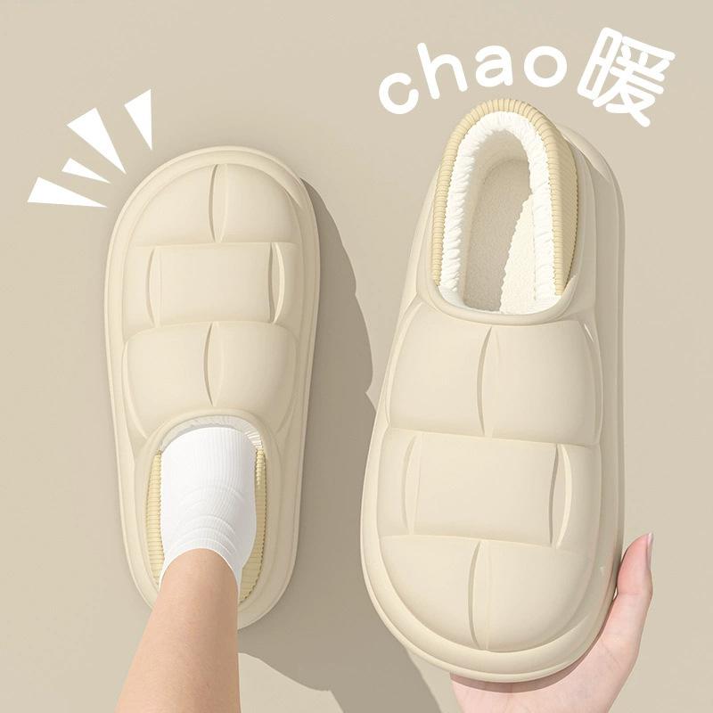 Waterproof cotton slippers autumn and winter bag heel wear plush home indoor plush shoes