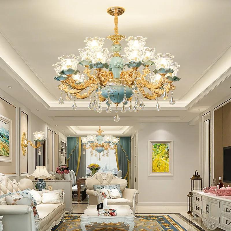 Chandelier Luxury Crystal Blue Ceramic For Living Room Ceiling Lamp Villa Bedroom Dining Room Indoor Home Decor Lighting Fixture