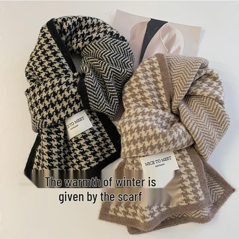 Korean Style Houndstooth Plaid Scarf - Versatile, Warm, Double-Sided for Autumn and Winter