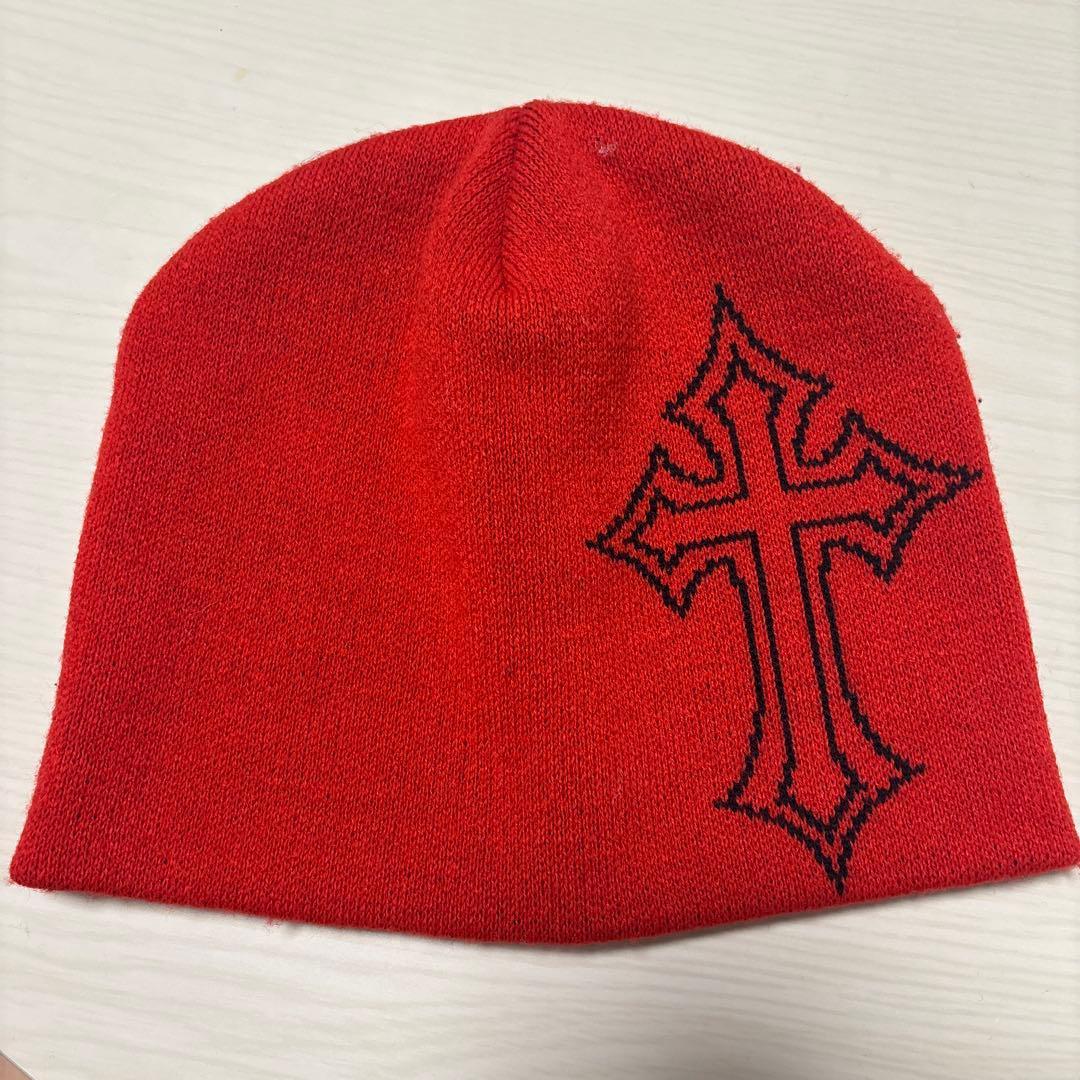 Used BEAMS Knit Hat Beanie Red Cross Embroidery