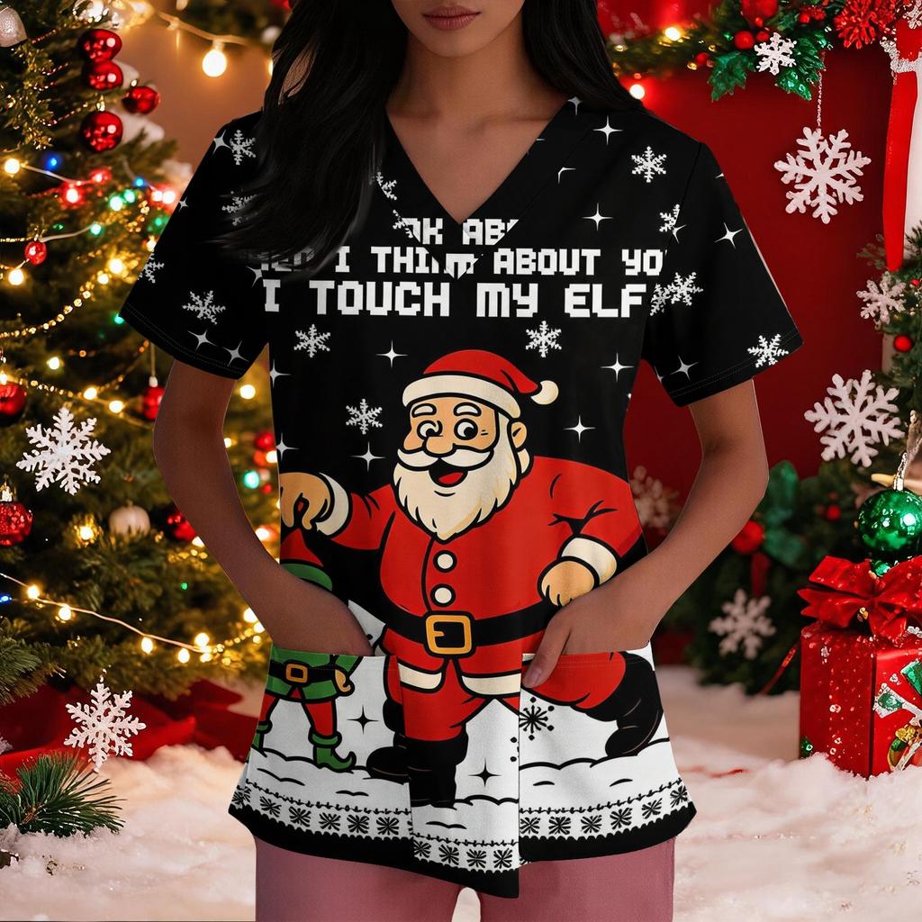 Damen Uniformkleid Lockerer Schnitt mit Weihnachtsdruck V-Ausschnitt und Seitenschlitz Kurzer Ärmel