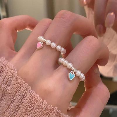 Pearl Beaded Ring For Women Girls New Fashion Creative Colorful Love Heart Pendant Birthday Jewelry Gifts