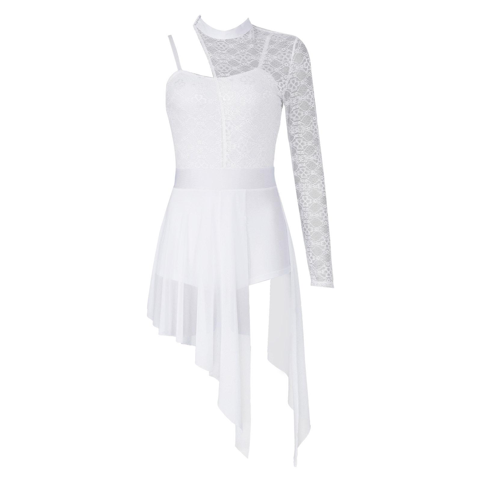 

Womens Fashion Lace Patchwork One Shoulder Leotard Dress Split See Through Mesh Asymmetric Hem Dancewear S білий