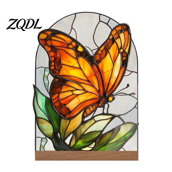 Artistic Tabletop Accents Stained Glass Style Acrylic Table Centerpieces, Floral & Landscape Pattern Exquisite Room Decor Sign with Wood Base for Home