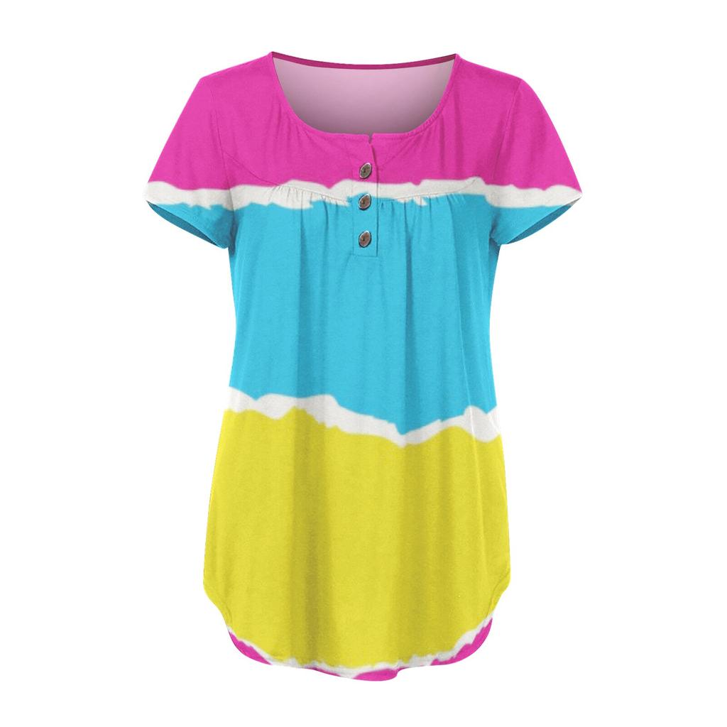 Women's Short Sleeve Tunic Loose Tops Casual Plus Size Tops Pleated Tunic Button Casual Summer Floral Tie Tops For Women