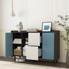 Sideboard Buffet Cabinet, Black with Blue Doors, 2 Drawers with Unique Panel Styling, 2 Open Compartments, Coffee Bar, Accent Cabinet for Kitchen