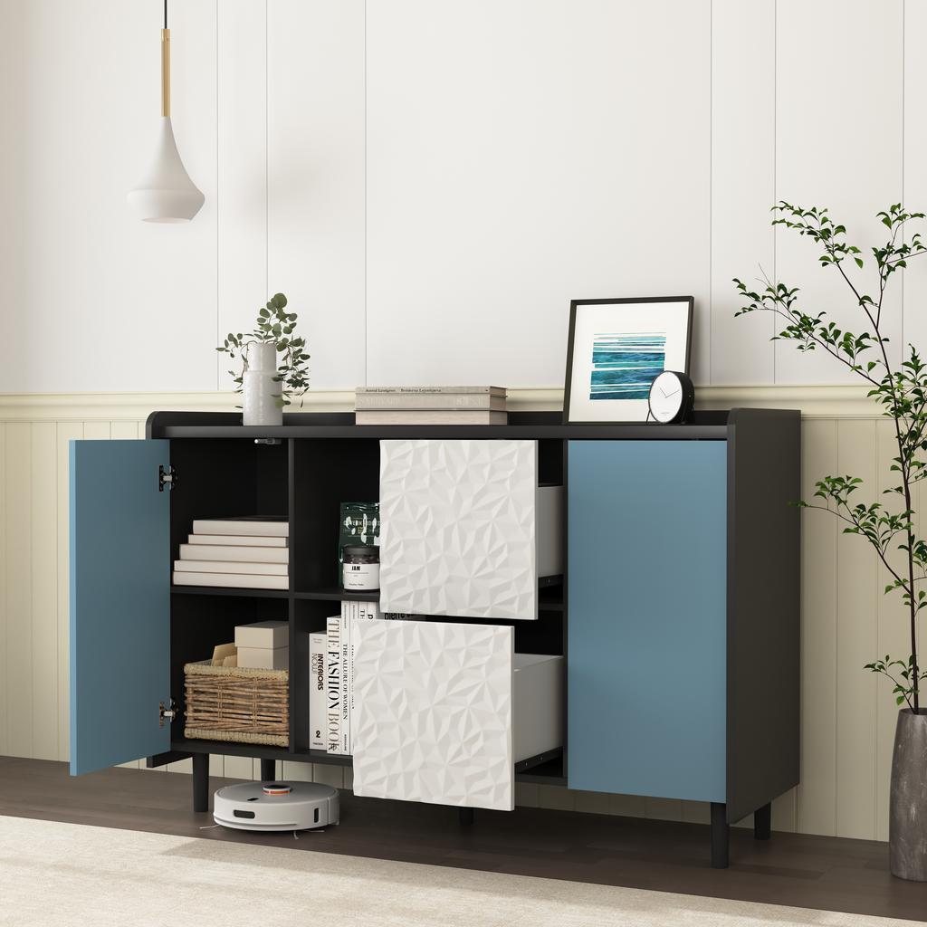Sideboard Buffet Cabinet, Black with Blue Doors, 2 Drawers with Unique Panel Styling, 2 Open Compartments, Coffee Bar, Accent Cabinet for Kitchen