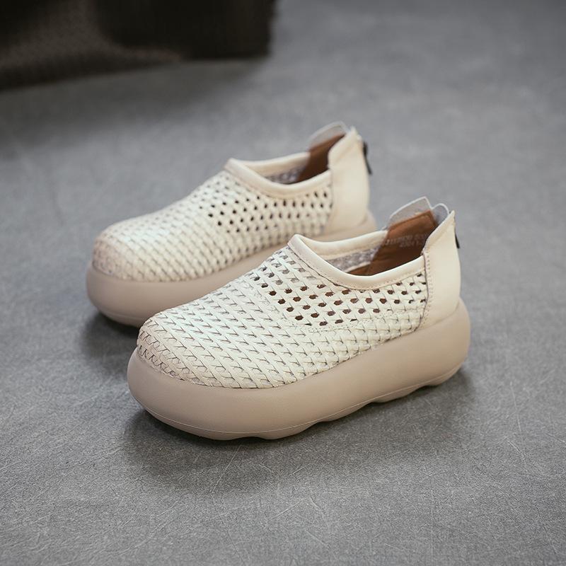 Johnature Retro Hollow-out Breathable Woven Genuine Leather Thick Soled Sandals Simple Women's Platform Shoes