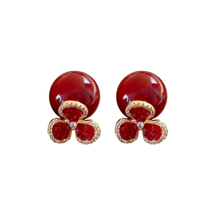Retro Red Zirconia Pearl Flower Earrings - High-End Hong Kong Style Studs for Women