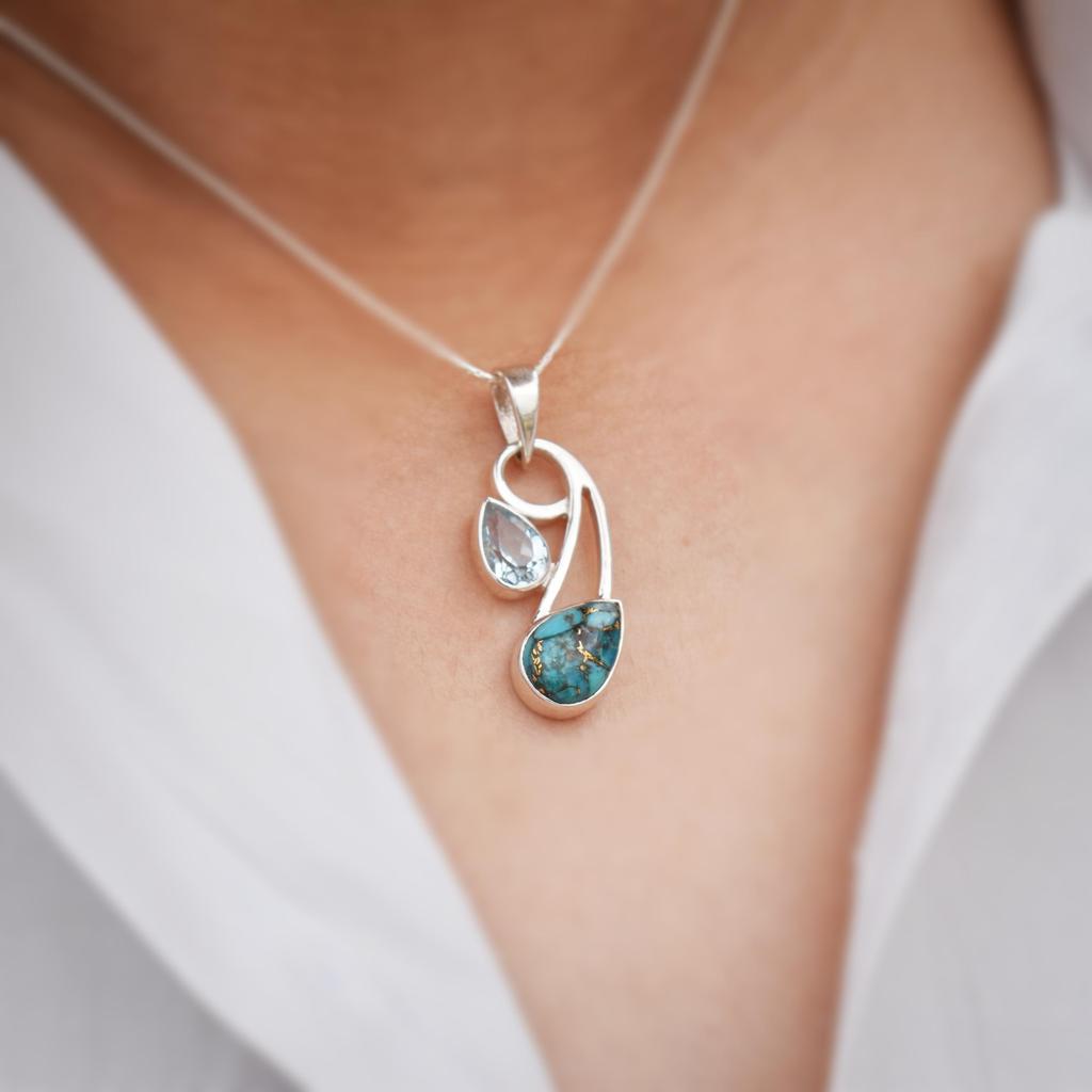 Natural Turquoise Pendant, 925 Sterling Silver Jewelry, Topaz Pendant, Gift for Her
