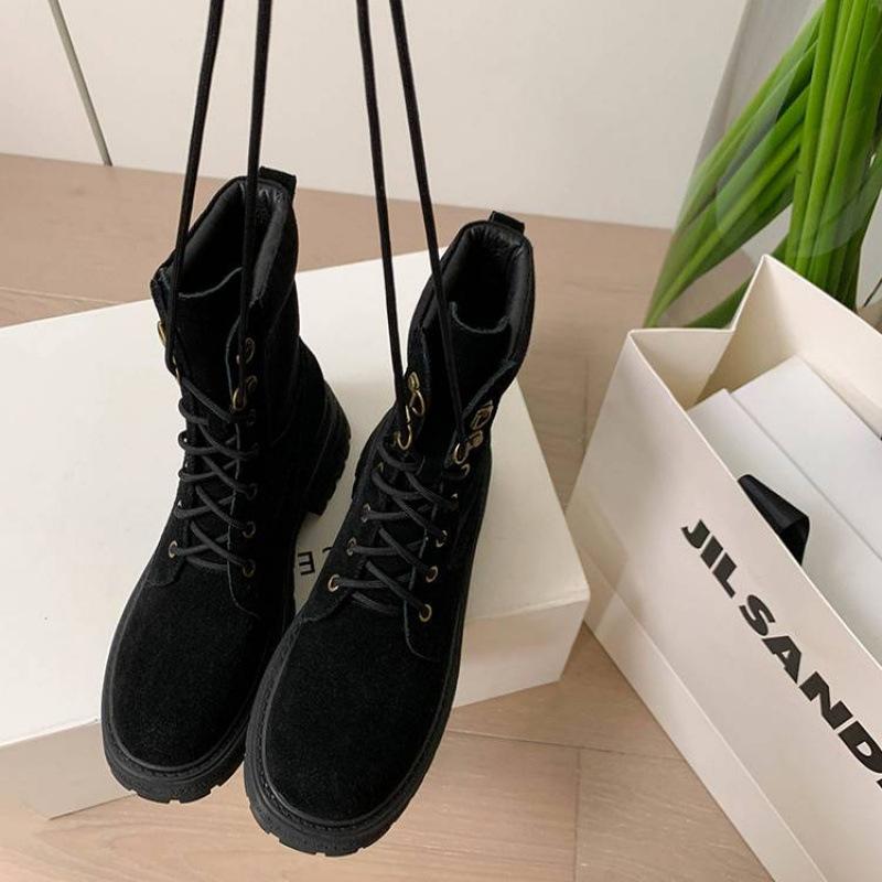 New women's leather boots leather lace-up thick-soled non-slip low boots autumn and winter mid-heel square heel cowhide Martin boots women