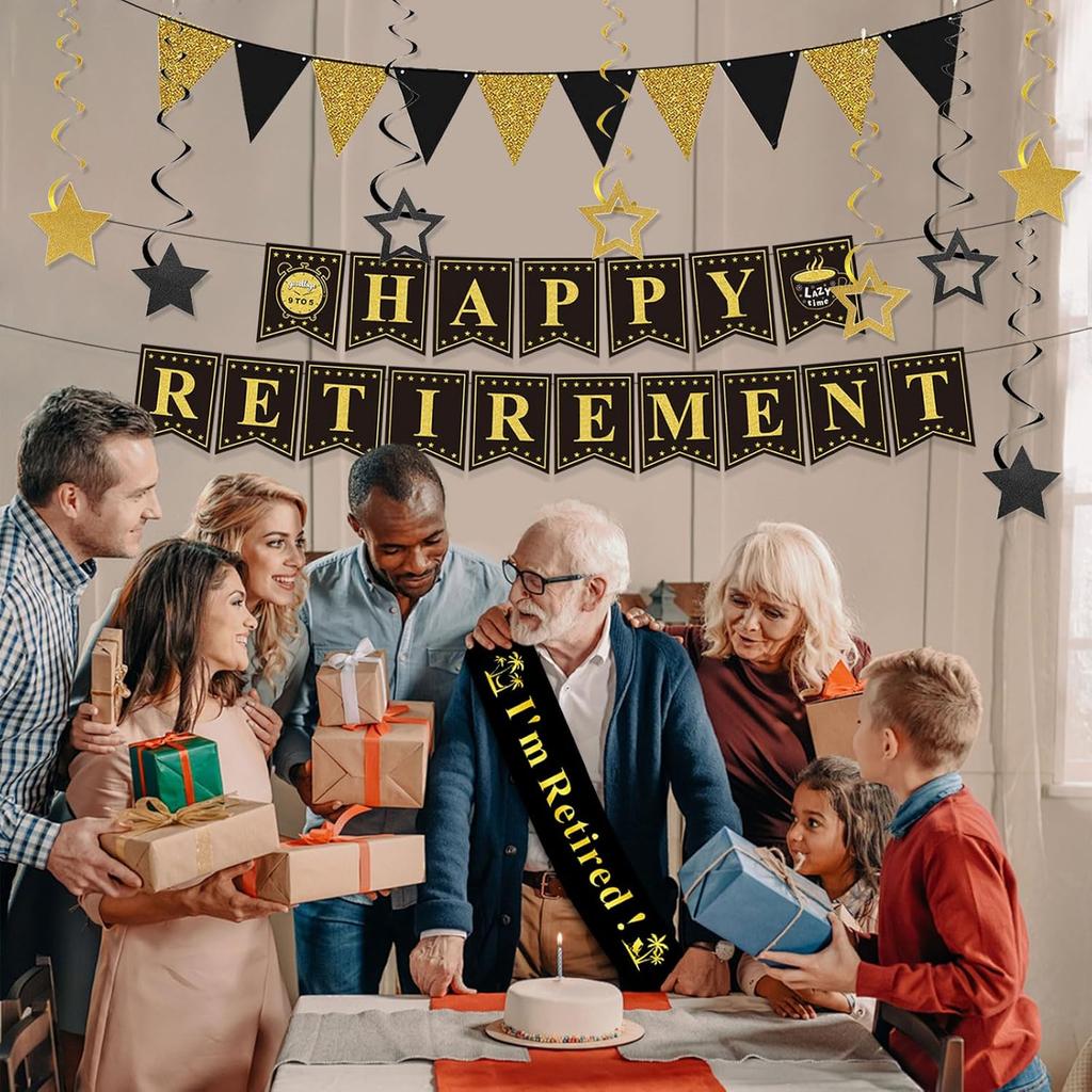 Retirement Party Decorations Black and Gold Happy Retirement Banner Gold Glitter Pennant Flag Banner Star Hanging Swirls and Sash Retired Party