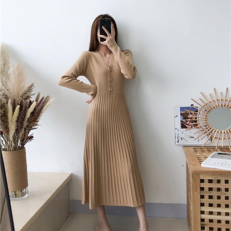 Knit Long Sleeve Elegant High Medium Relaxed Slimming Simple Black [JINJUDUO] Women's Dress, Autumn/Winter, V-Neck, Sweater, Dress, Waist, A-Line,