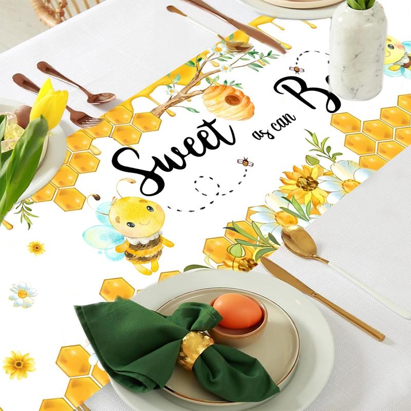 Summer Sweet Bee Daisy Polyester Table Runners Holiday Party Decorations Cute Bee Dining Table Runners Kids Bithday Table Decor