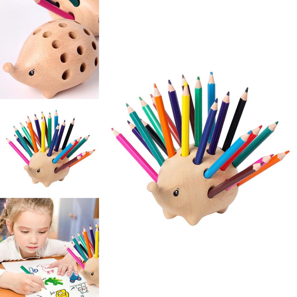 Wooden Hedgehog Stationery Organizer With 24 Pencils For Student Desk And Creative Decor