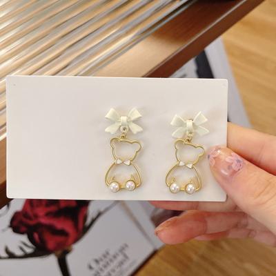 Yousheng 1 Pair Women Earrings Bow Hollow Bear Shape Faux Pearl Decor Hanging Earrings Party Dating Prom Earrings Ear Jewelry