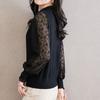 Spring Women's Lace Lantern Sleeve Hook Flower Hollow Knit Sweater Thin Cut with Black Fungus Collar Short Base Top