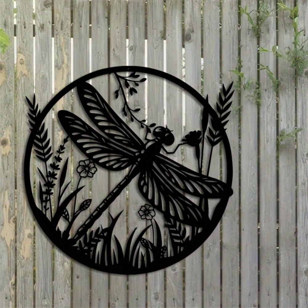 Dragonfly Wildflowers Laser Cut Iron Wall Art, Large Modern Metal Sculpture for Living Room Garden Decor Nature Farmhouse Hanging Ornament