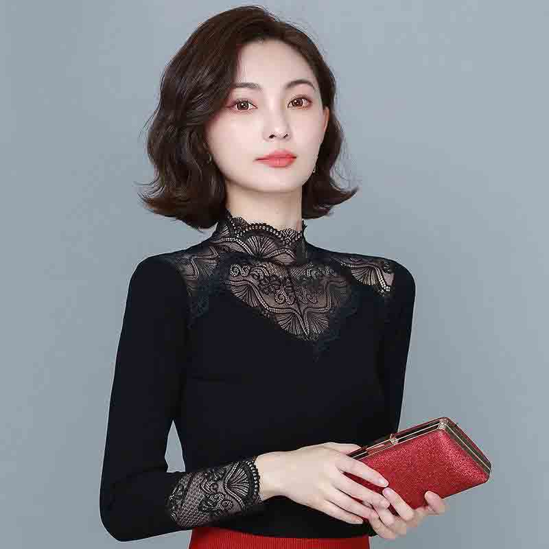 Krajková košile se spodním lemem Univerzální malý krajkový svetr Módní tenký dámský černý vnitřní strečový top na jaro léto