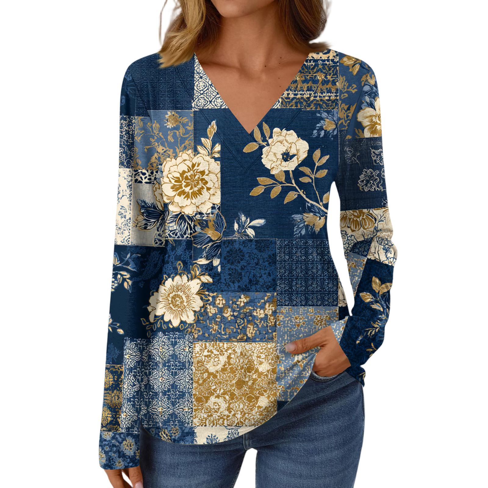 Women s Casual Fashion Brushed Retro Floral Print Long Sleeve V-Neck Top T-Shirt L