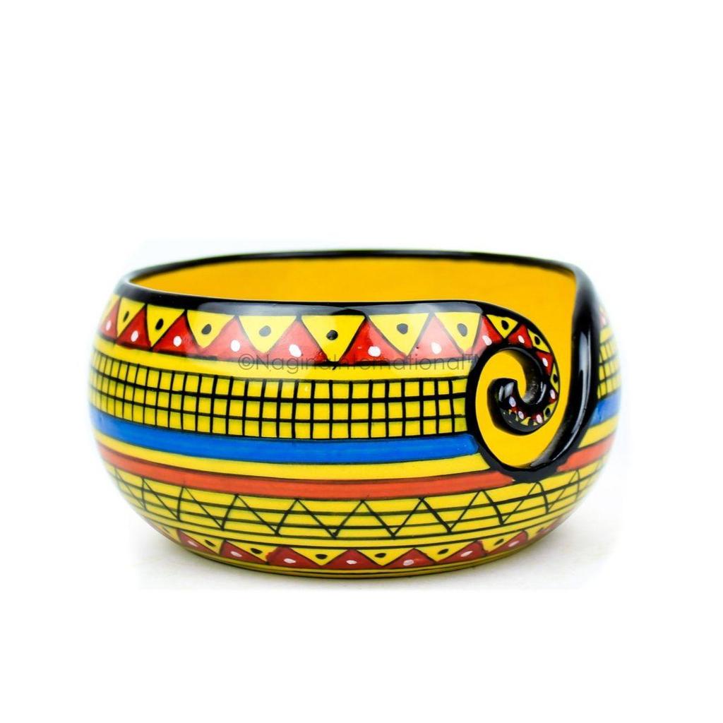 Ceramic Attractively Hand Painted Gorgeous Stoneware Yarn Ball Storage Bowl with Innovative Dispensing Curl  (African Yellow, Medium)