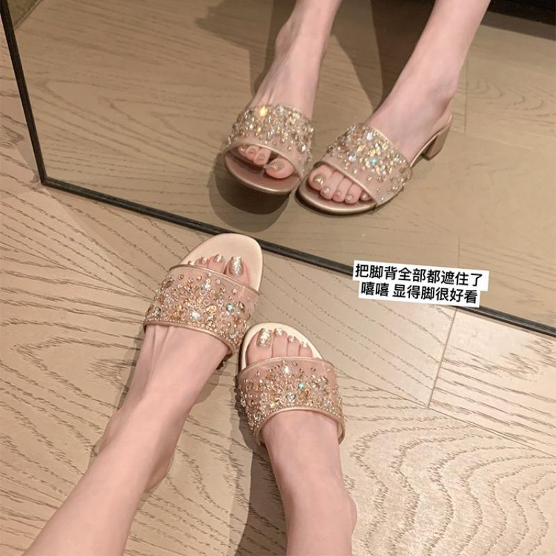 Limited edition crystal mesh rhinestone thick heel slippers women's sandals dinner wear