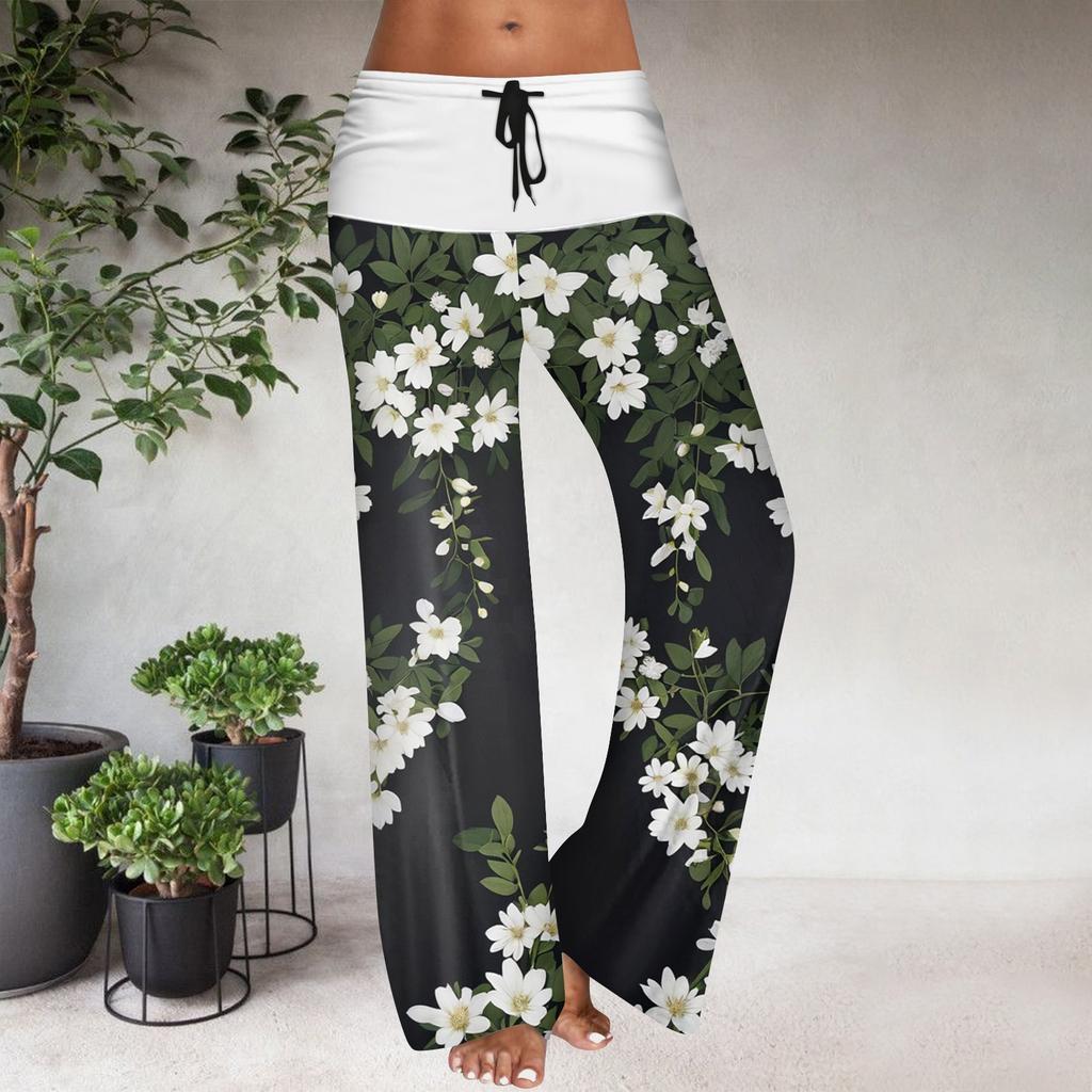 Women's Drawstring Elastic Waistband Wide Leg Color Matching Floral Printed Casual Pants