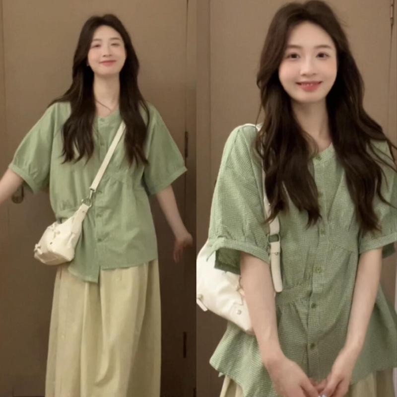 

2024 Summer Women s Chinese Style Green Short Sleeve Jacket Top 55-60kg/L