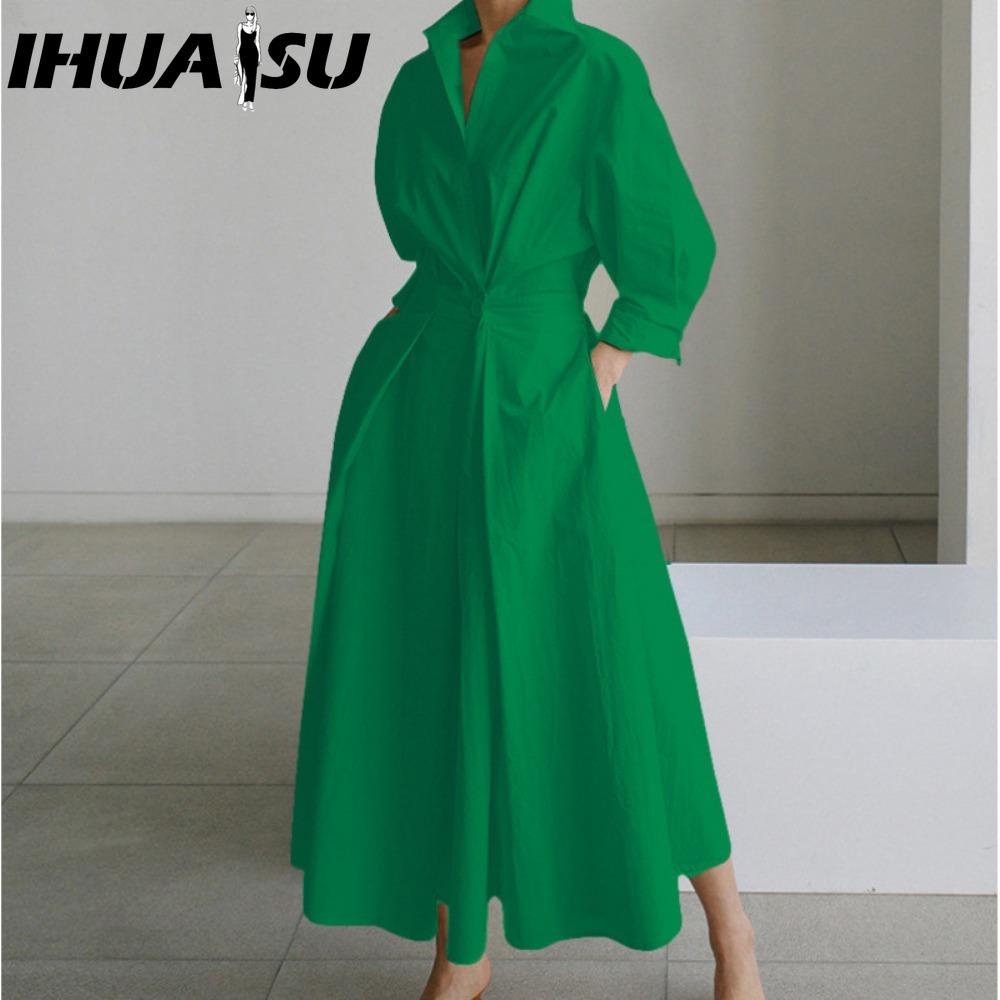 

IHUASU Женская Мода Весна Осень Платья Кэжуал с Длинным Рукавом и Воротником ПОЛО XXXL