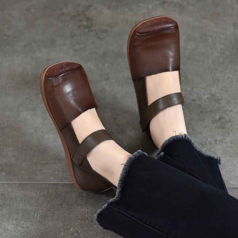 Johnature Retro Genuine Leather Square Toe Flat Shoes Soft Sole Handmade Solid Color Women's Shoes