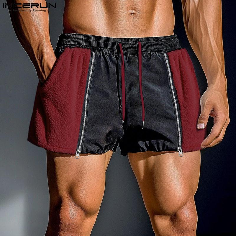 INCERUN Men Drawstring Elastic Waist Furry Patchwork Home Wear Mini Shorts