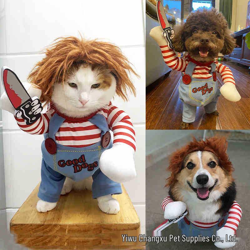 Deadly Doll Pet Costume: Halloween Dog Outfit with Knife Dagger for Puppies