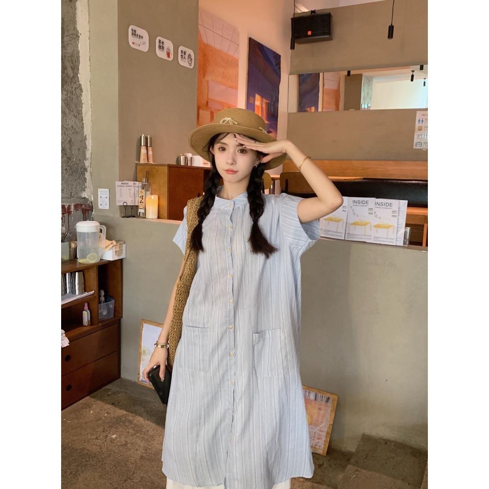 Summer Blue Shirt Dress Women's Loose Casual Gentle Style Long Skirt Two-Piece Set Layering Clothing Female Fashion