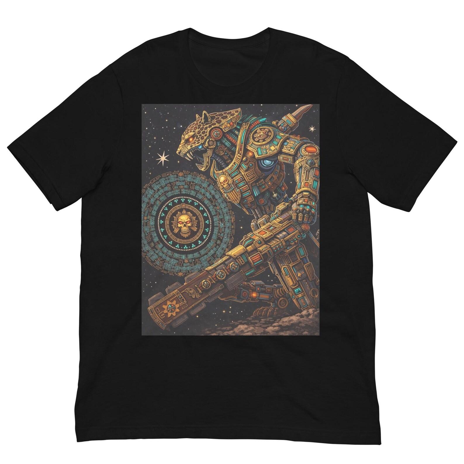 Aztec Cyber Jaguar Warrior T-Shirt, Futuristic Mexican Robot Graphic Tee, Sci-Fi Aztec Calendar Shirt M