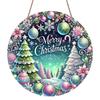 2D Flat, 1pc Vintage Round Aluminum Hanging Sign - Pink/Purple/Green Wreath Center Metal Decoration with "Merry" Text, Durable Indoor/Outdoor Holiday