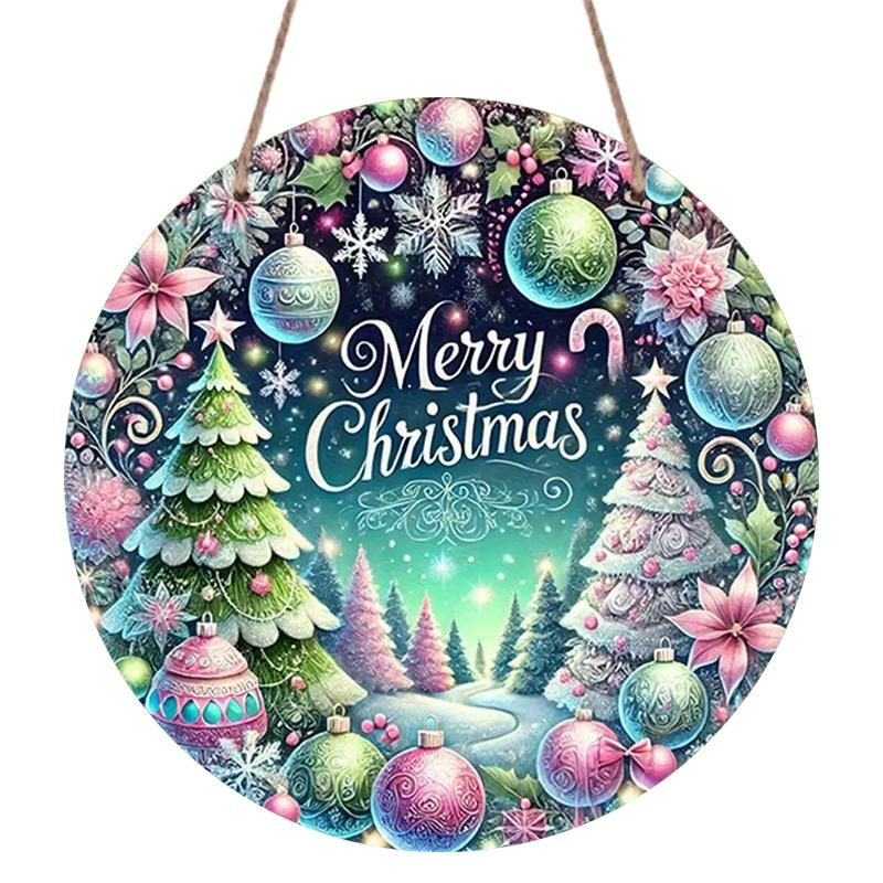 2D Flat, 1pc Vintage Round Aluminum Hanging Sign - Pink/Purple/Green Wreath Center Metal Decoration with "Merry" Text, Durable Indoor/Outdoor Holiday