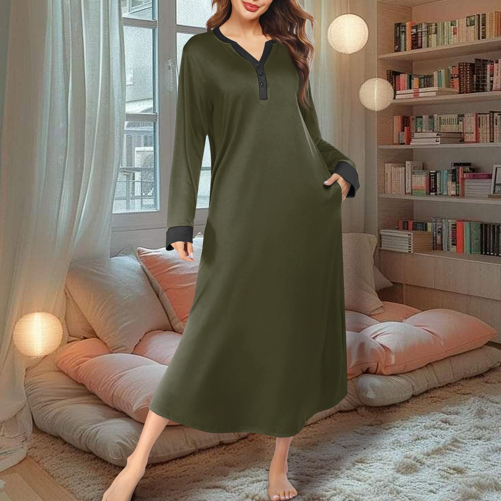 

Женская ночная рубашка, длинный халат, пижамное платье с V-образным вырезом и карманами XXL темно-зеленого