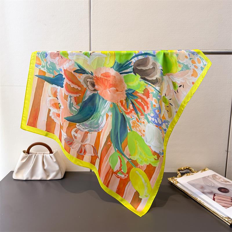 New Artistic Style Printed Imitation Silk Square Scarf Shawl Versatile High-end Feeling Neck Small Headscarf