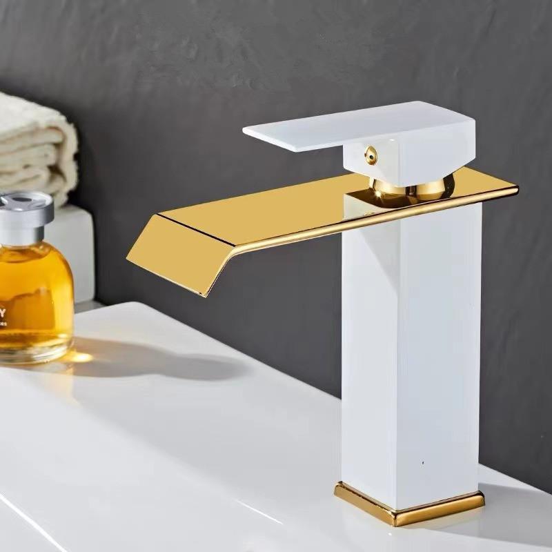 Tuqiu Gold and Black Bathroom Faucet Waterfall Faucet Basin Faucet Bathroom Basin Faucet Mixer Tap Hot and Cold Sink Faucet