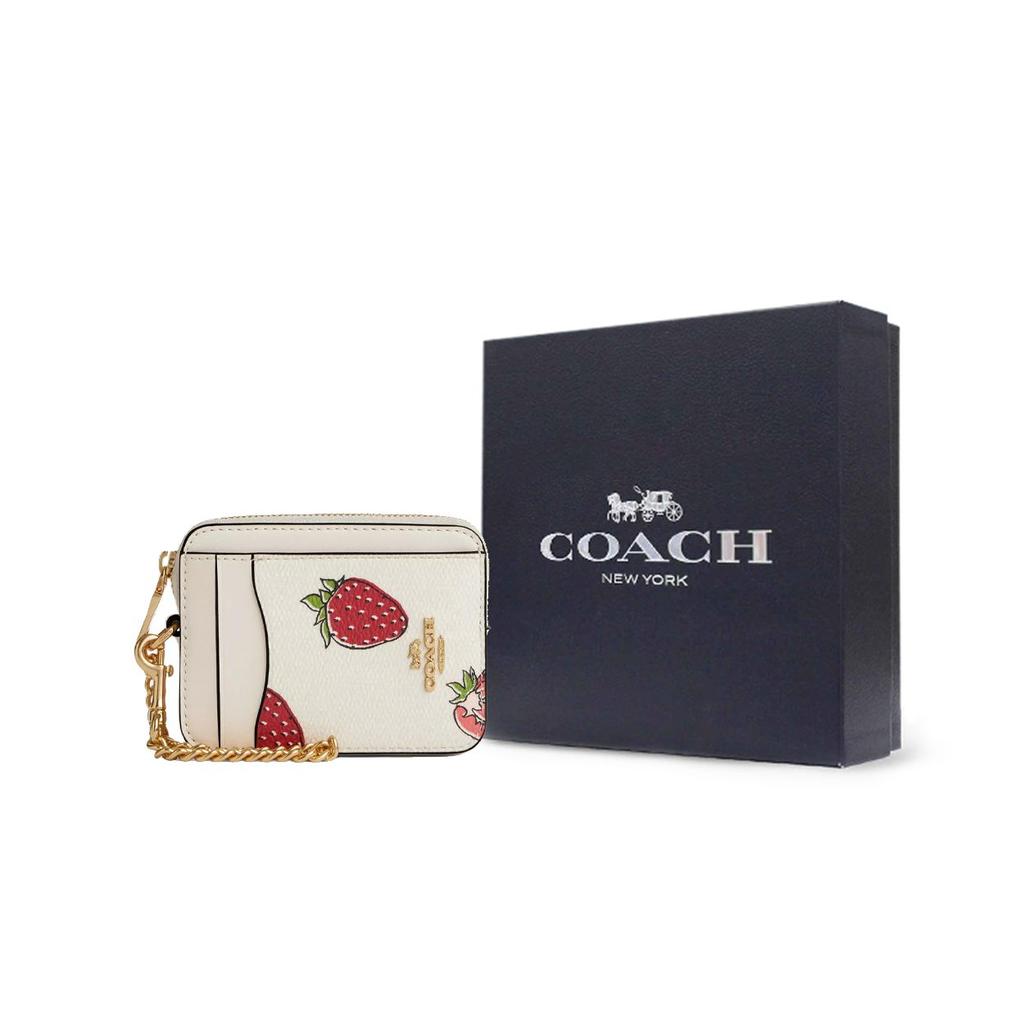 Coach Card Case Zip 11 Strawberry Print Logo Coated Canvas Women Card Case Gold Pink Multicolor CAR32-IMCAH